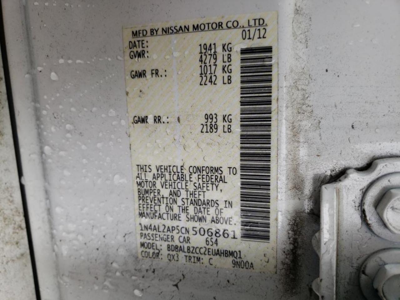 Photo 10 from auction – 2012 NISSAN ALTIMA BAS with VIN 1N4AL2AP5CN506861
