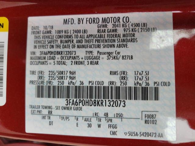 Photo 10 from auction – 2019 FORD FUSION SE with VIN 3FA6P0HD8KR132073