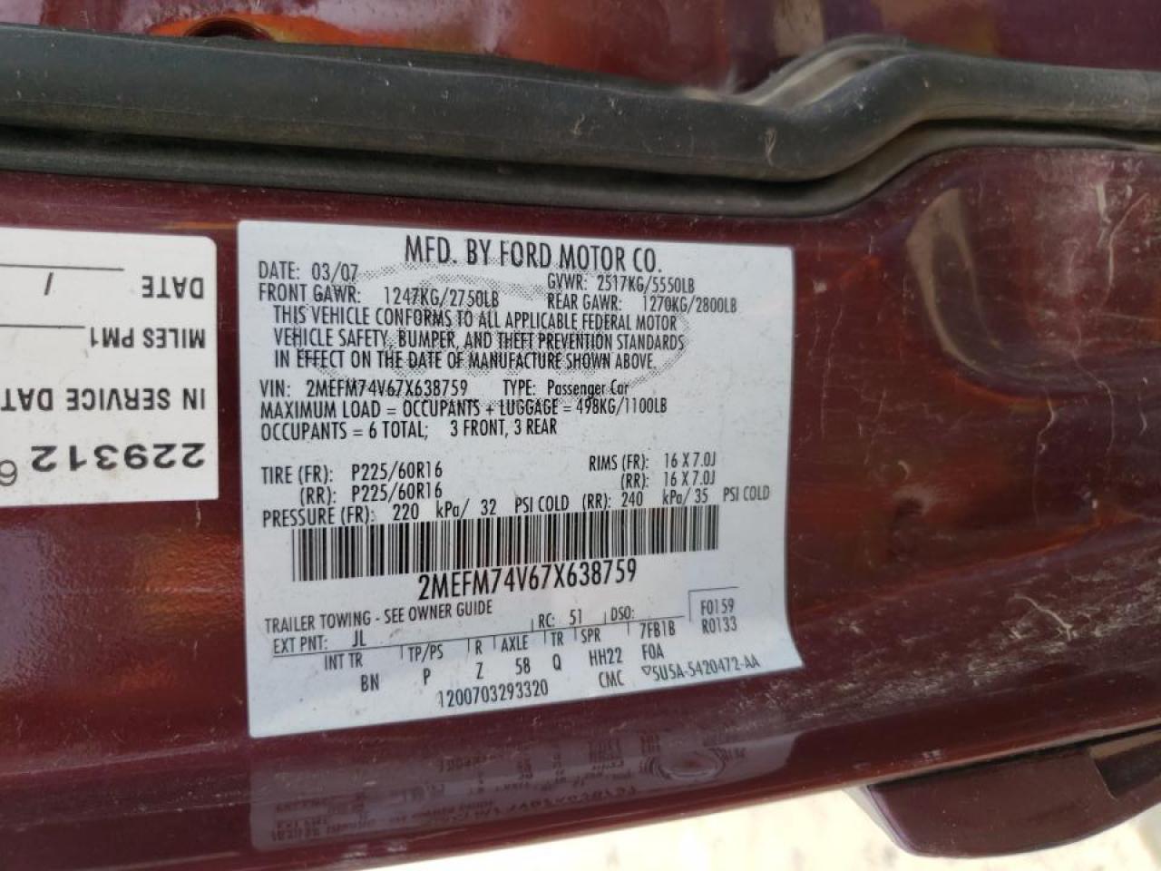 Photo 10 from auction – 2007 MERCURY GRAND MARQ with VIN 2MEFM74V67X638759
