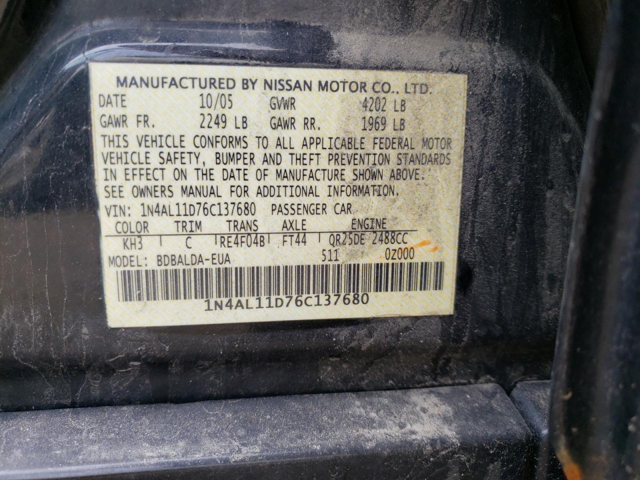 Photo 10 from auction – 2006 NISSAN ALTIMA S with VIN 1N4AL11D76C137680