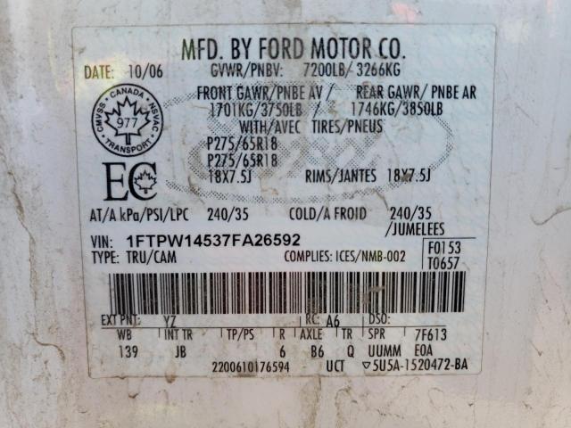 Photo 10 from auction – 2007 FORD F150 SUPER with VIN 1FTPW14537FA26592