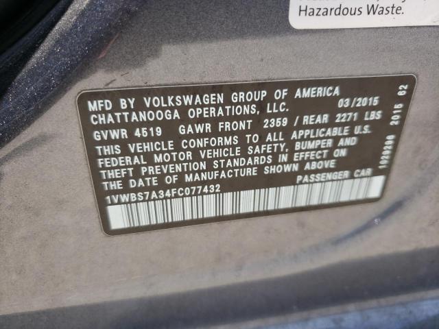 Photo 10 from auction – 2015 VOLKSWAGEN PASSAT SE with VIN 1VWBS7A34FC077432