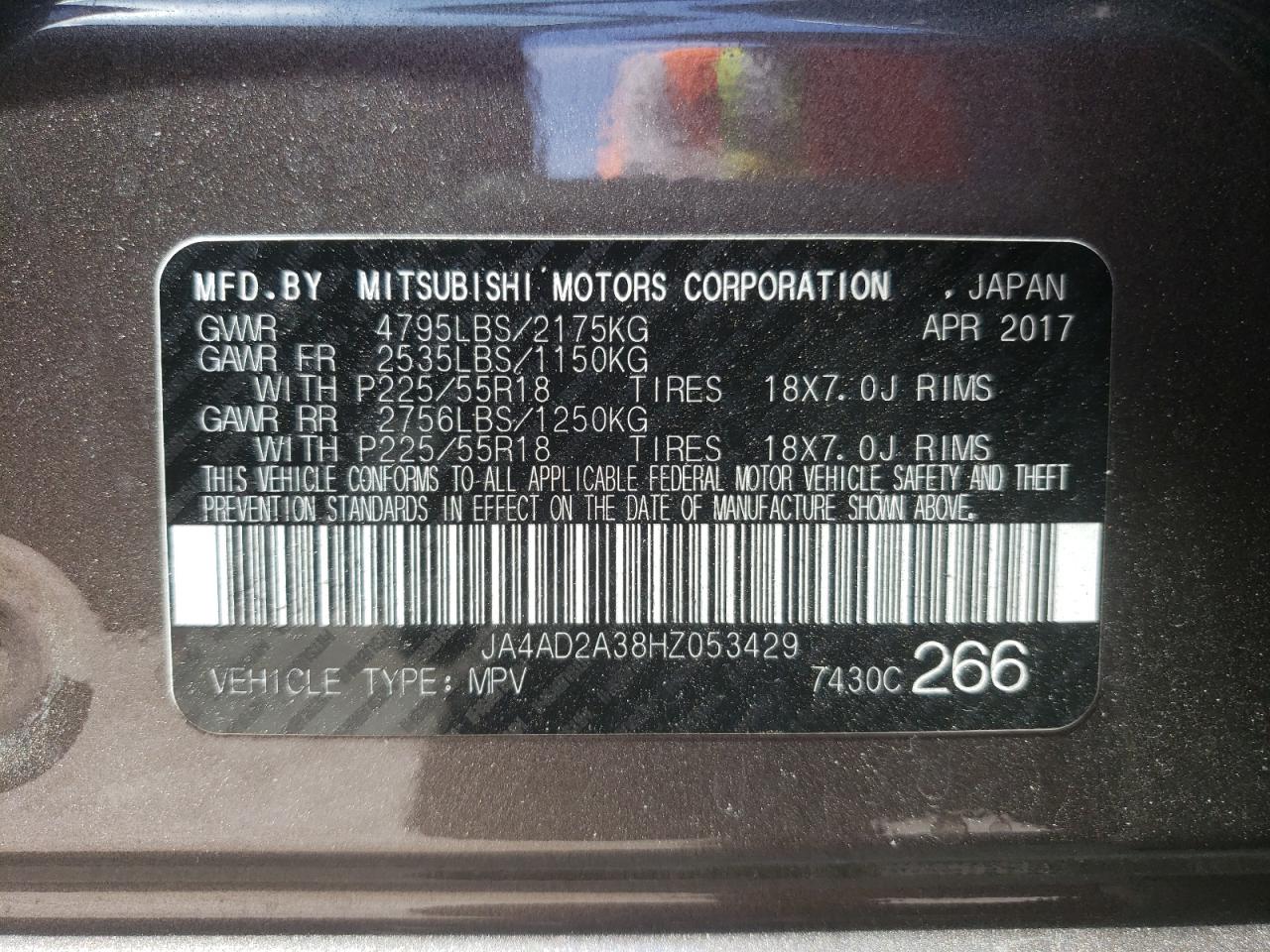 Photo 10 from auction – 2017 MITSUBISHI OUTLANDER with VIN JA4AD2A38HZ053429
