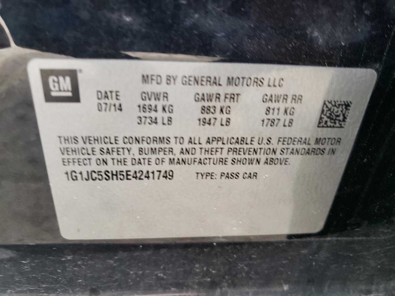 Photo 10 from auction – 2014 CHEVROLET SONIC LT with VIN 1G1JC5SH5E4241749