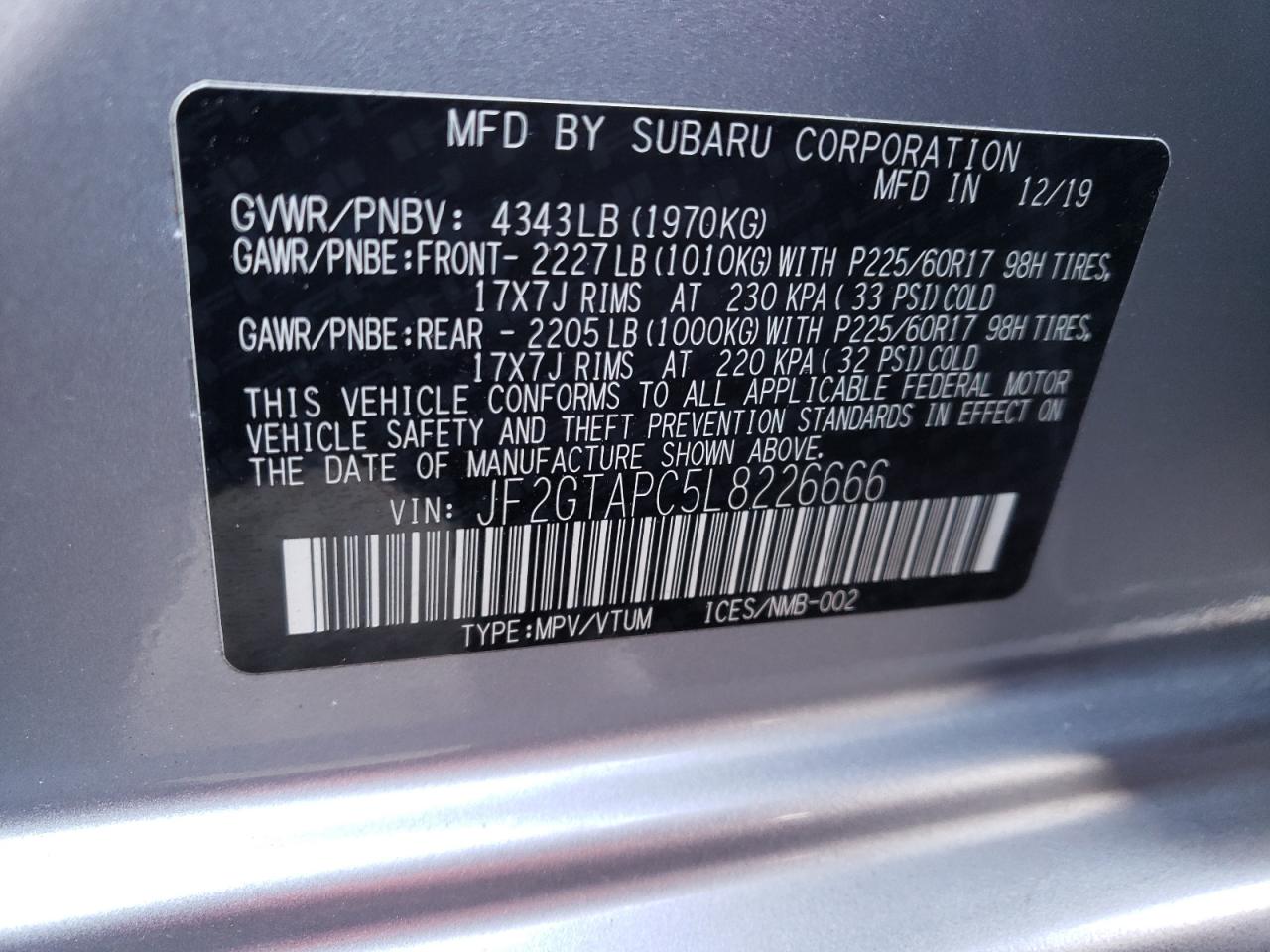 Photo 10 from auction – 2020 SUBARU CROSSTREK with VIN JF2GTAPC5L8226666