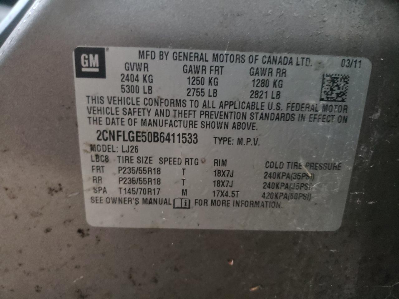 Photo 10 from auction – 2011 CHEVROLET EQUINOX LT with VIN 2CNFLGE50B6411533