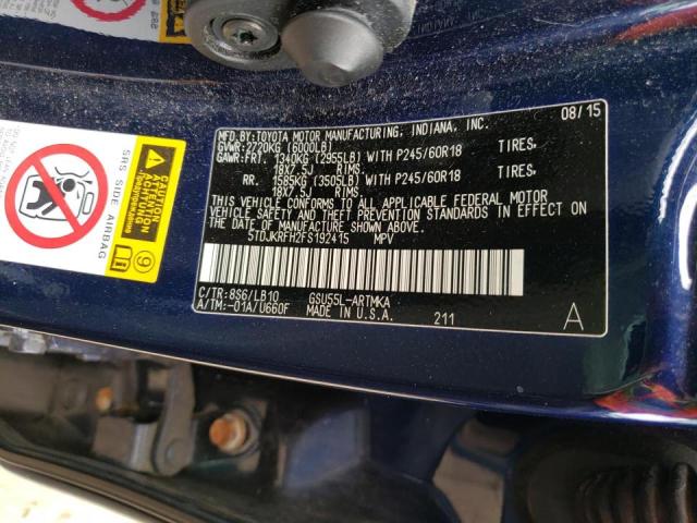 Photo 10 from auction – 2015 TOYOTA HIGHLANDER with VIN 5TDJKRFH2FS192415