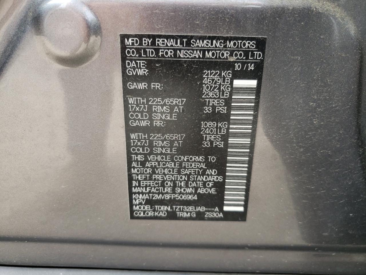 Photo 10 from auction – 2015 NISSAN ROGUE S with VIN KNMAT2MV8FP506964