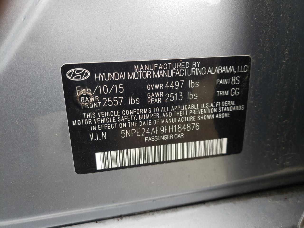 Photo 10 from auction – 2015 HYUNDAI SONATA SE with VIN 5NPE24AF9FH184876