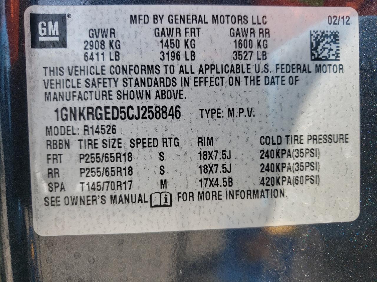 Photo 10 from auction – 2012 CHEVROLET TRAVERSE L with VIN 1GNKRGED5CJ258846