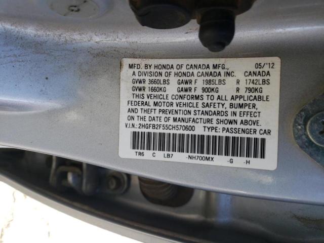 Photo 10 from auction – 2012 HONDA CIVIC LX with VIN 2HGFB2F55CH570600