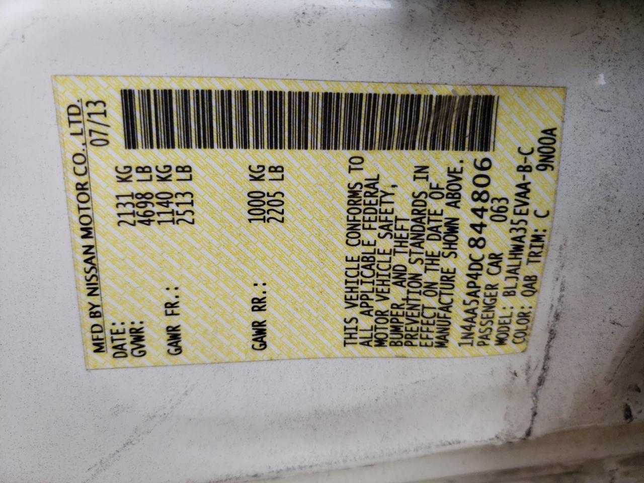 Photo 10 from auction – 2013 NISSAN MAXIMA S with VIN 1N4AA5AP4DC844806