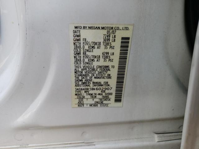 Photo 10 from auction – 2008 NISSAN ARMADA SE with VIN 5N1BA08C38N602907