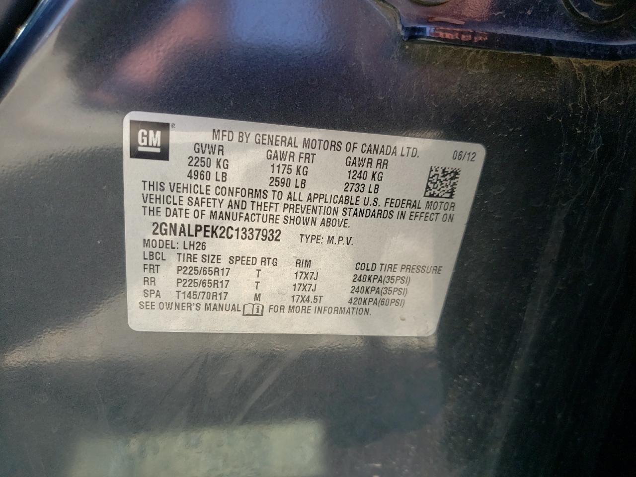 Photo 10 from auction – 2012 CHEVROLET EQUINOX LT with VIN 2GNALPEK2C1337932