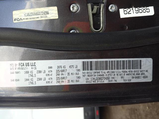 Photo 10 from auction – 2016 JEEP COMPASS LA with VIN 1C4NJDEB8GD724266