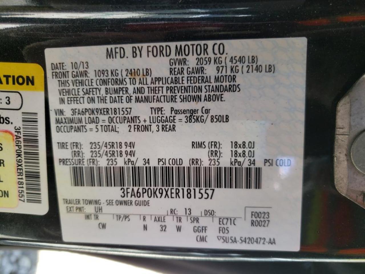 Photo 10 from auction – 2014 FORD FUSION TIT with VIN 3FA6P0K9XER181557