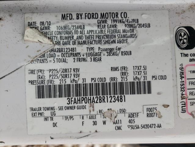 FORD FUSION SE 2011 with VIN 3FAHP0HA2BR123481 - Photo from auction
