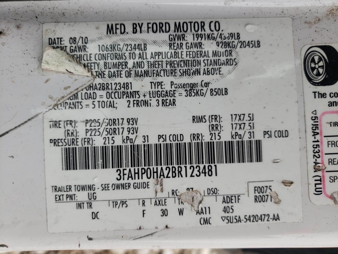 Photo 11 from auction – 2011 FORD FUSION SE with VIN 3FAHP0HA2BR123481