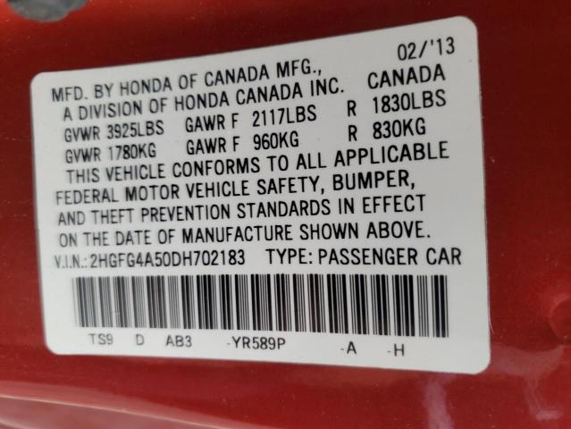 Photo 10 from auction – 2013 HONDA CIVIC SI with VIN 2HGFG4A50DH702183