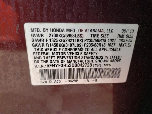 Photo 10 from auction – 2013 HONDA PILOT EXL with VIN 5FNYF3H52DB042728