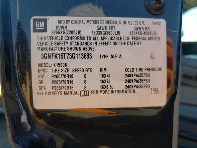 Photo 10 from auction – 2003 CHEVROLET SUBURBAN K with VIN 3GNFK16T73G113883