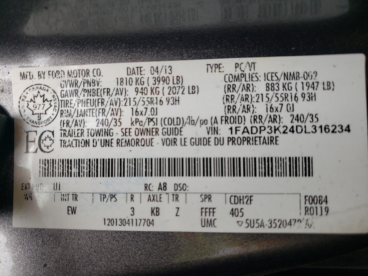 Photo 10 from auction – 2013 FORD FOCUS SE with VIN 1FADP3K24DL316234