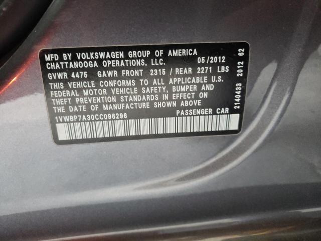 Photo 10 from auction – 2012 VOLKSWAGEN PASSAT SE with VIN 1VWBP7A30CC096296
