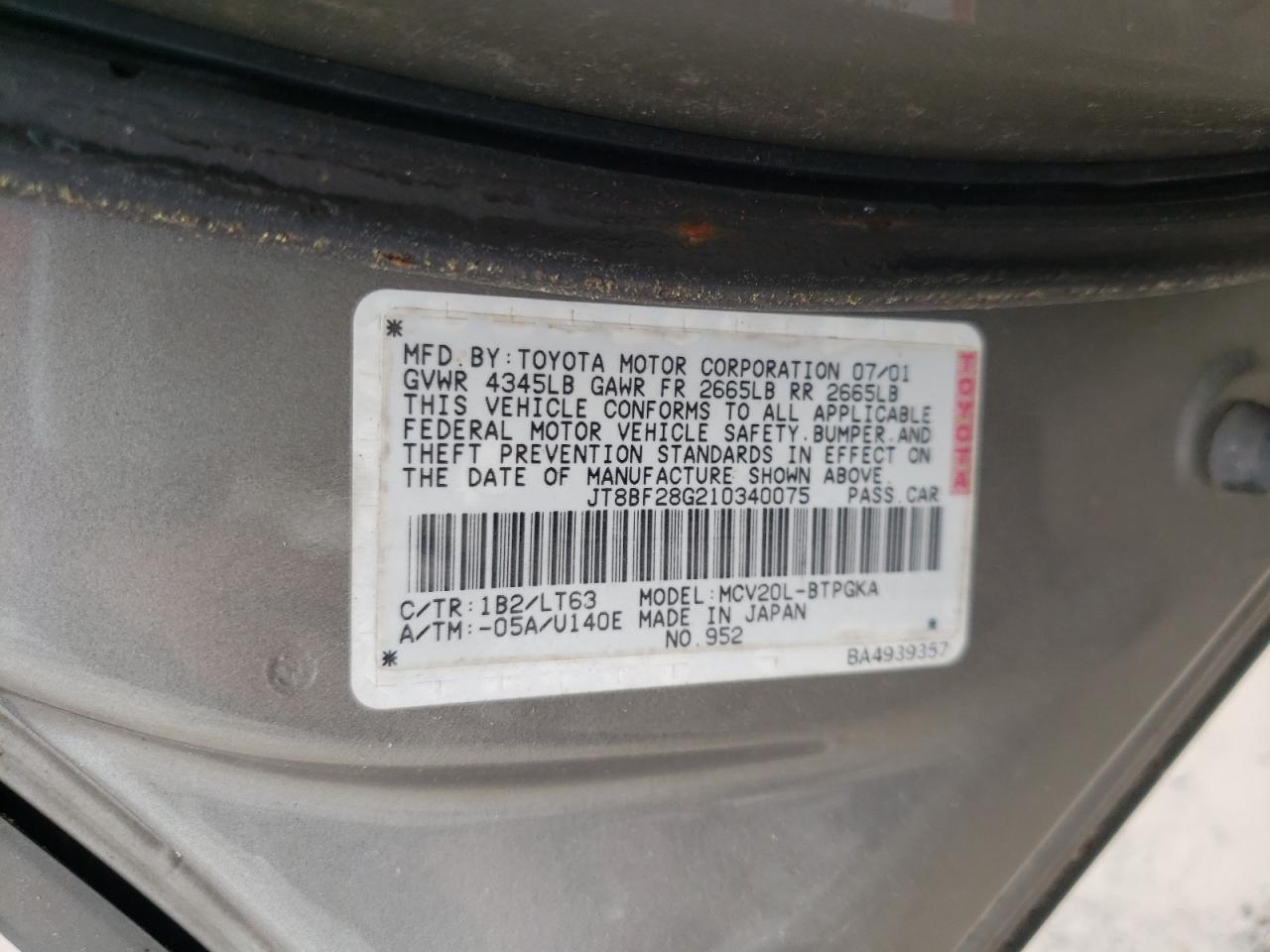 Photo 10 from auction – 2001 LEXUS ES 300 with VIN JT8BF28G210340075