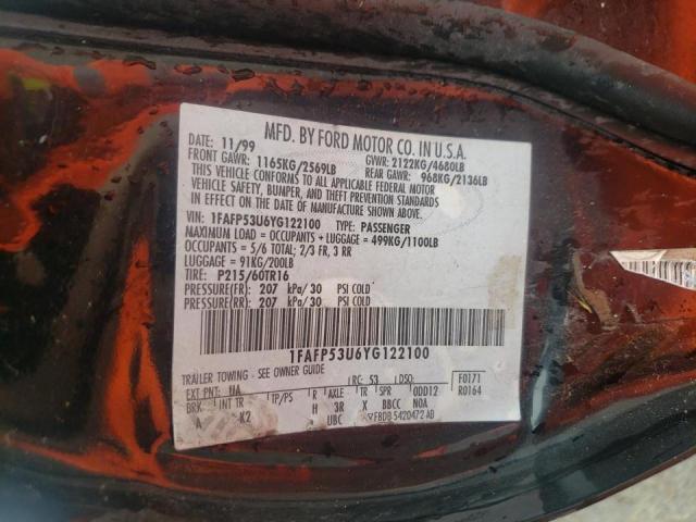 Photo 10 from auction – 2000 FORD TAURUS SE with VIN 1FAFP53U6YG122100