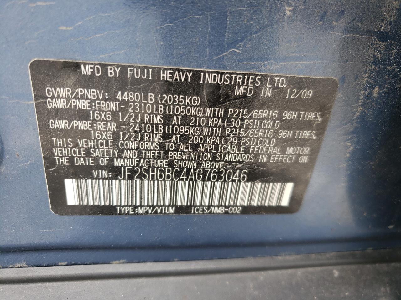 Photo 11 from auction – 2010 SUBARU FORESTER X with VIN JF2SH6BC4AG763046