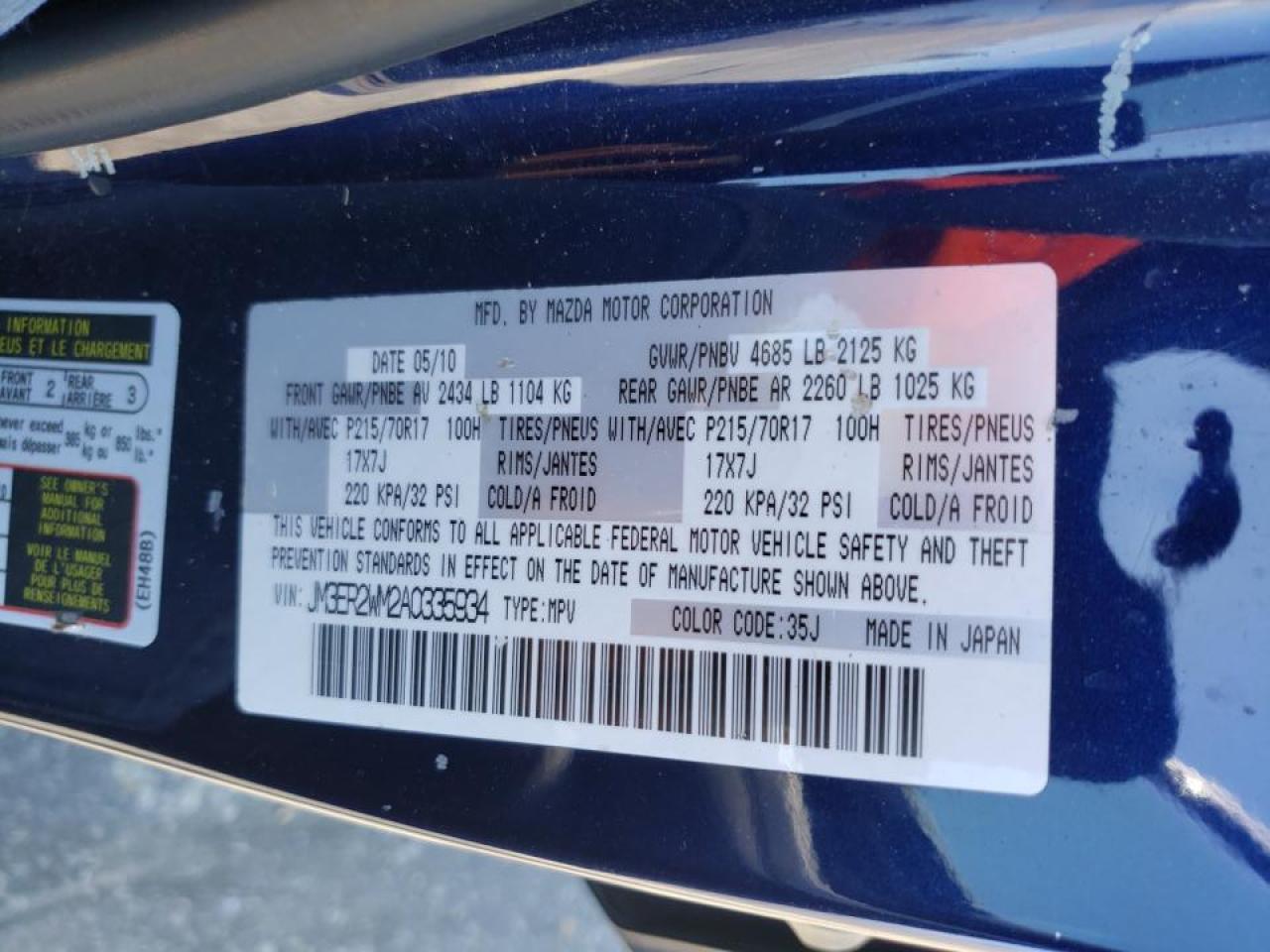 Photo 10 from auction – 2010 MAZDA CX-7 with VIN JM3ER2WM2A0335934