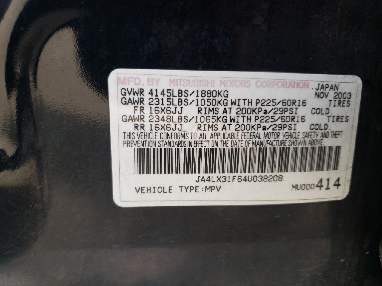 Photo 11 from auction – 2004 MITSUBISHI OUTLANDER with VIN JA4LX31F64U038208
