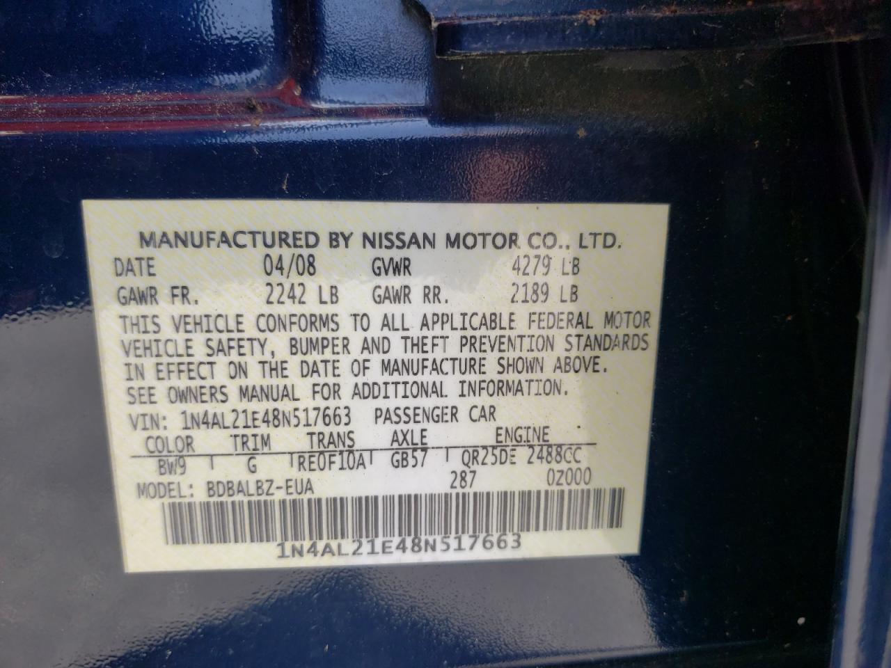 Photo 10 from auction – 2008 NISSAN ALTIMA with VIN 1N4AL21E48N517663