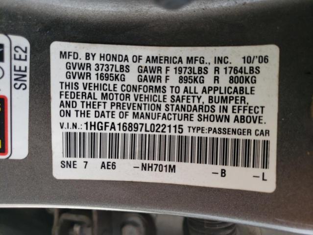Photo 10 from auction – 2007 HONDA CIVIC EX with VIN 1HGFA16897L022115