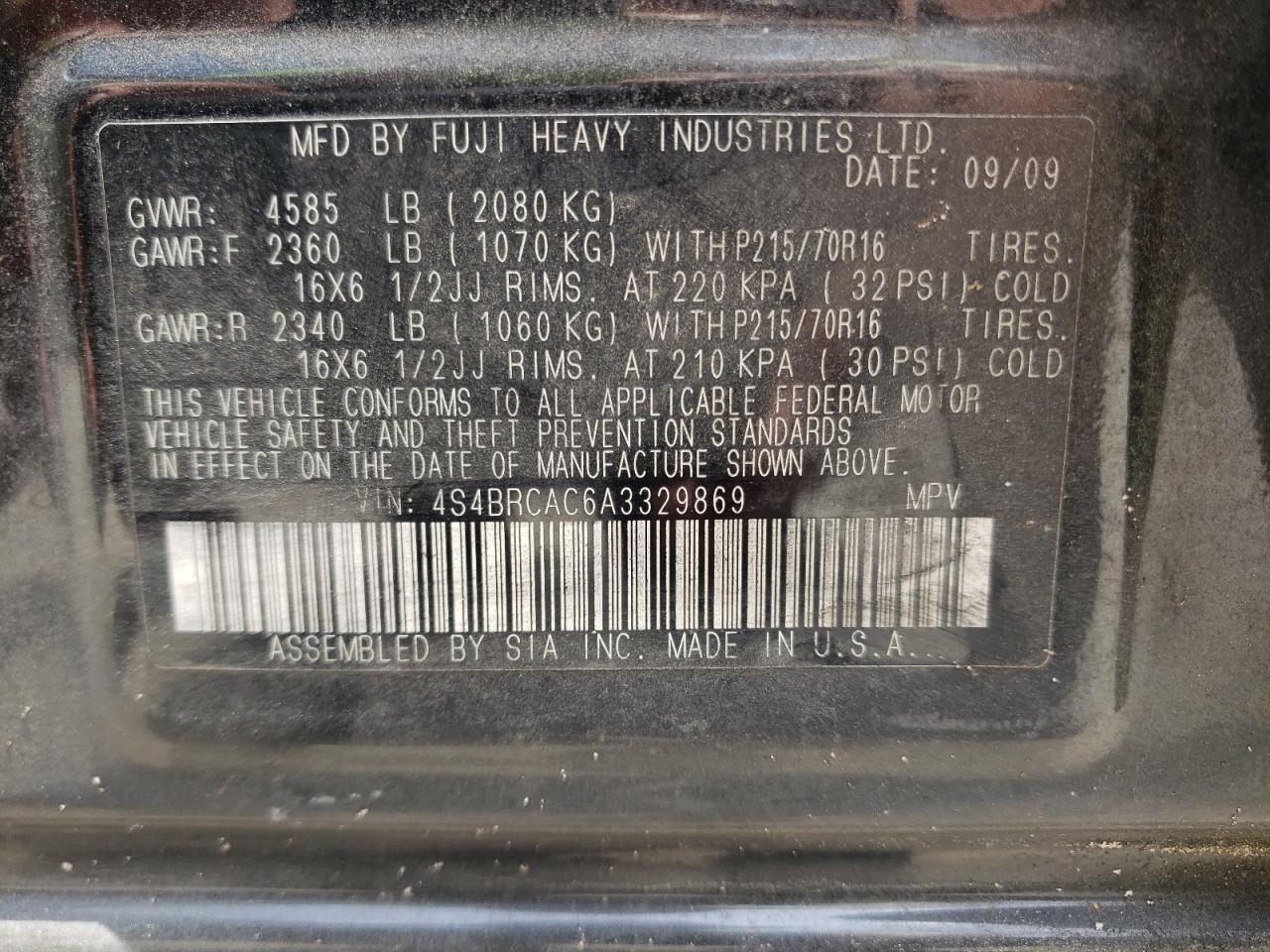 Photo 11 from auction – 2010 SUBARU OUTBACK 2. with VIN 4S4BRCAC6A3329869