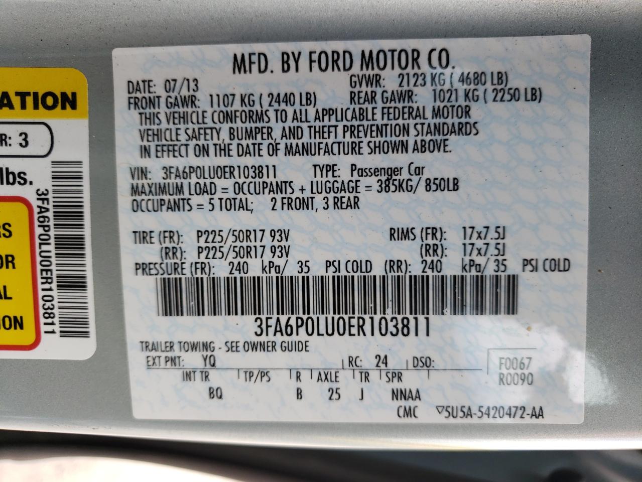 Photo 10 from auction – 2014 FORD FUSION SE with VIN 3FA6P0LU0ER103811