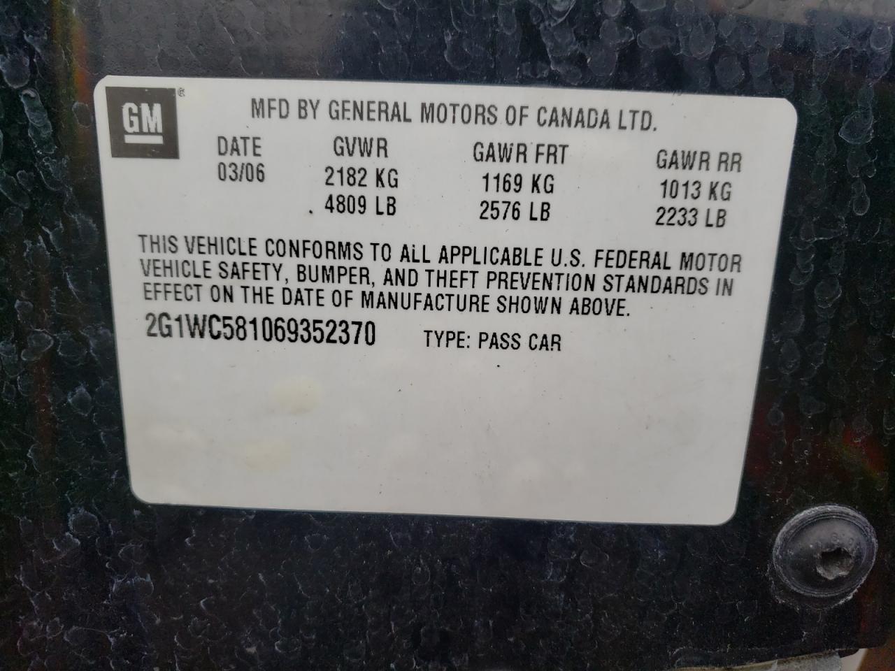 Photo 10 from auction – 2006 CHEVROLET IMPALA LT with VIN 2G1WC581069352370