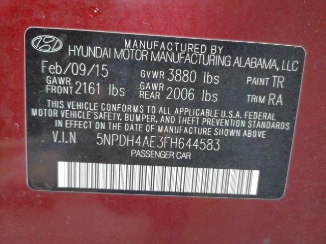 Photo 10 from auction – 2015 HYUNDAI ELANTRA SE with VIN 5NPDH4AE3FH644583