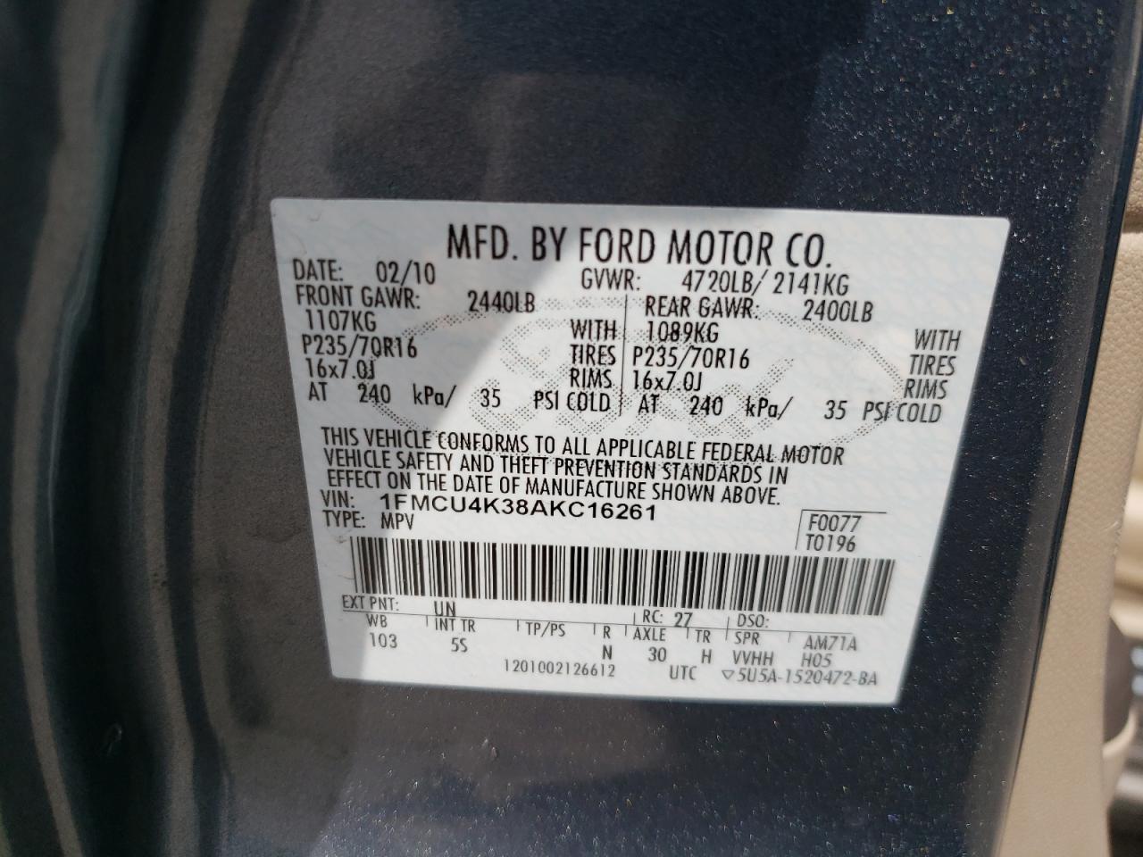 Photo 10 from auction – 2010 FORD ESCAPE HYB with VIN 1FMCU4K38AKC16261