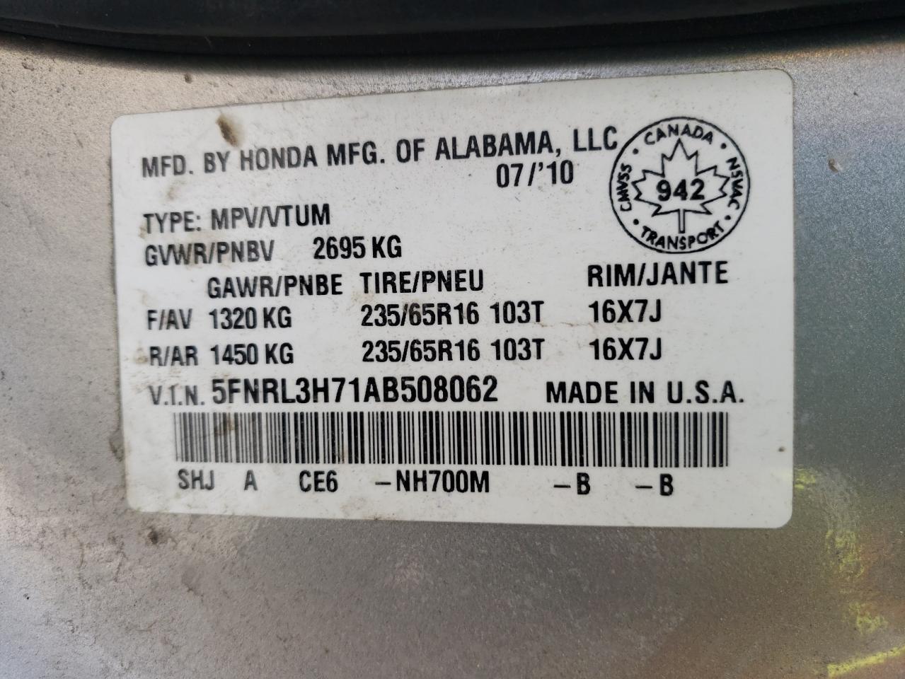Photo 10 from auction – 2010 HONDA ODYSSEY EX with VIN 5FNRL3H71AB508062