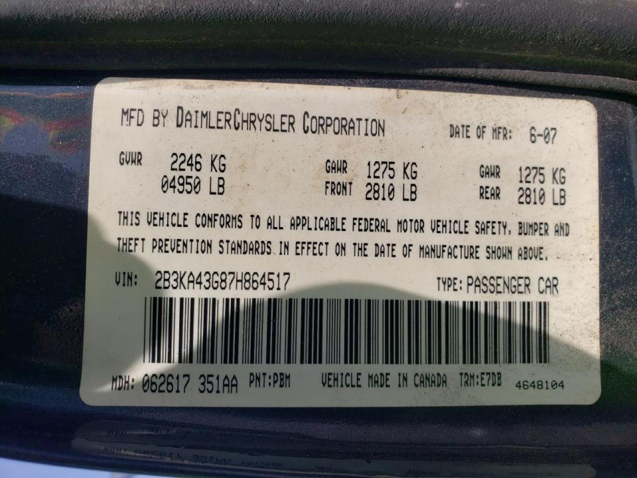 Photo 10 from auction – 2007 DODGE CHARGER SE with VIN 2B3KA43G87H864517