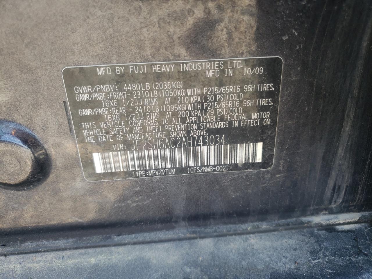 Photo 10 from auction – 2010 SUBARU FORESTER 2 with VIN JF2SH6AC2AH743034