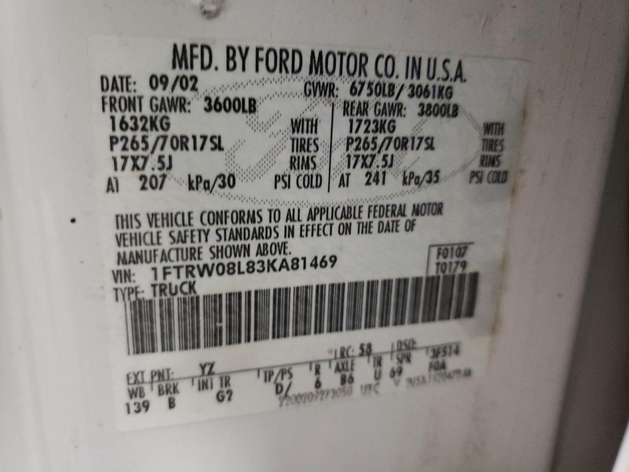 Photo 10 from auction – 2003 FORD F150 SUPER with VIN 1FTRW08L83KA81469