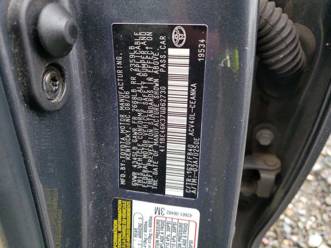 Photo 10 from auction – 2007 TOYOTA CAMRY CE with VIN 4T1BE46K37U062730