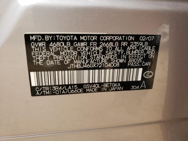 Photo 10 from auction – 2007 LEXUS ES 350 with VIN JTHBJ46GX72104008