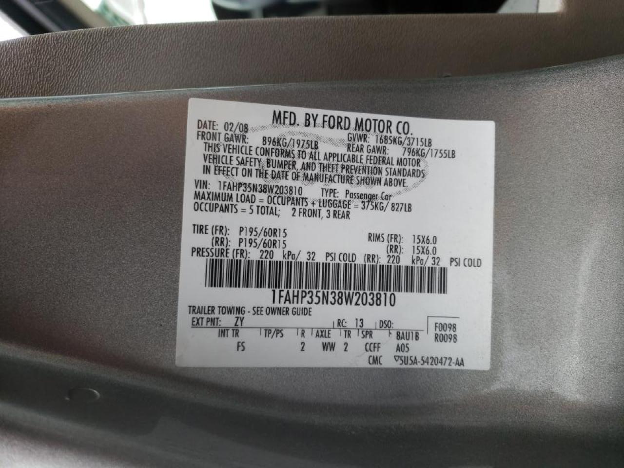 Photo 10 from auction – 2008 FORD FOCUS SE with VIN 1FAHP35N38W203810