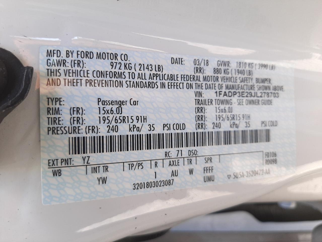 Photo 11 from auction – 2018 FORD FOCUS S with VIN 1FADP3E29JL278703