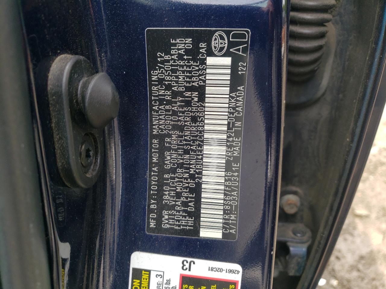 Photo 10 from auction – 2012 TOYOTA COROLLA BA with VIN 2T1BU4EE7CC865602