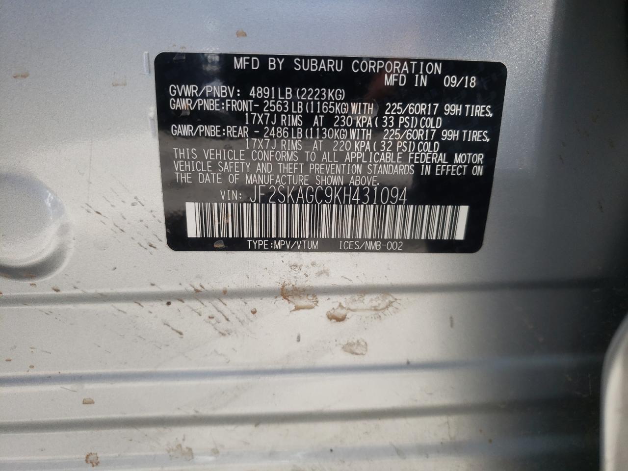 Photo 10 from auction – 2019 SUBARU FORESTER P with VIN JF2SKAGC9KH431094