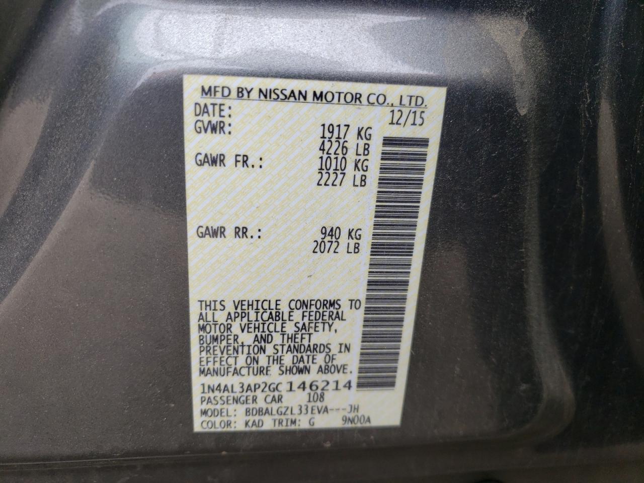 Photo 11 from auction – 2016 NISSAN ALTIMA 2.5 with VIN 1N4AL3AP2GC146214
